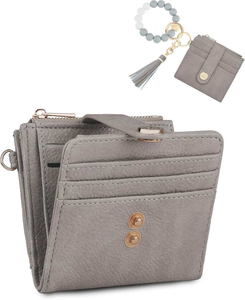 Sunpour Small Wristlet Wallets for Women Keychain Wristlet Wallet RFID Blocking Key Chain Wallet With Zipper Coin Pocket,2 Id Window (Stone Gray) - Image 1